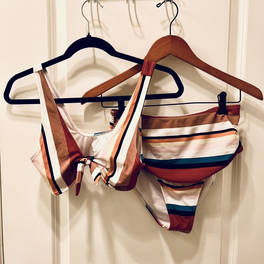 CUPSHE Bikini Size S Retro 70's Stripe Bowknot Top Swimsuit High Waist
